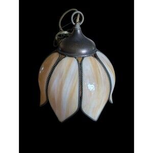 Beautiful Vintage Pendant Slag Glass Tulip Style Single Bulb Hanging Light